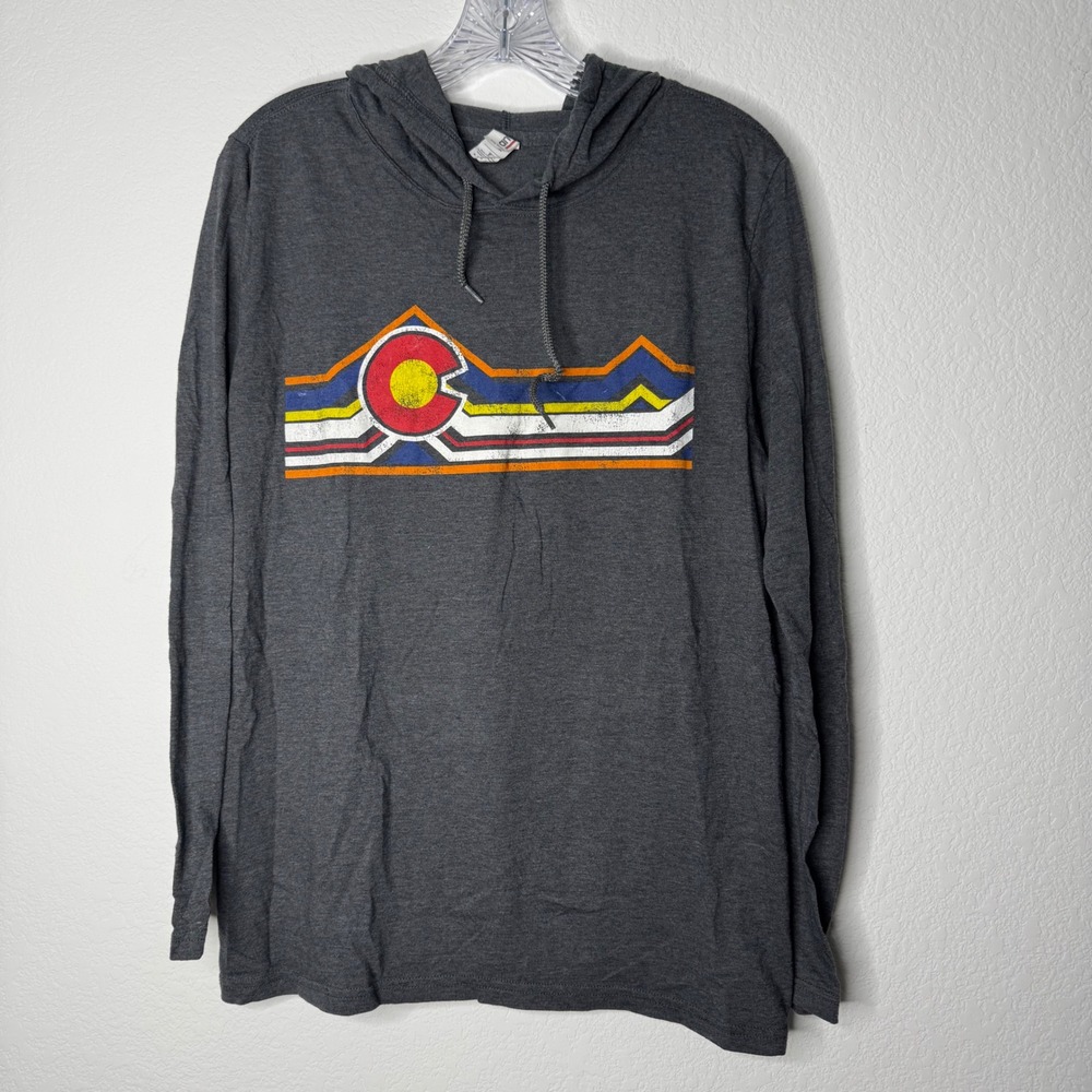 Anvil Colorado State Flag Graphic Hoodie Long Sleeve T-Shirt Gray Womens Medium